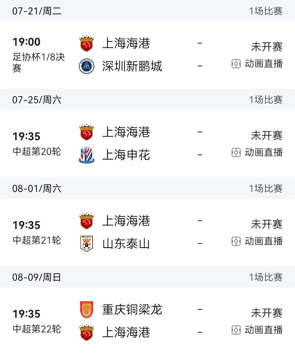 海港未来四场场场关键！足协杯没有退路！一旦足协杯出局，接下来三轮联赛分别对阵申花