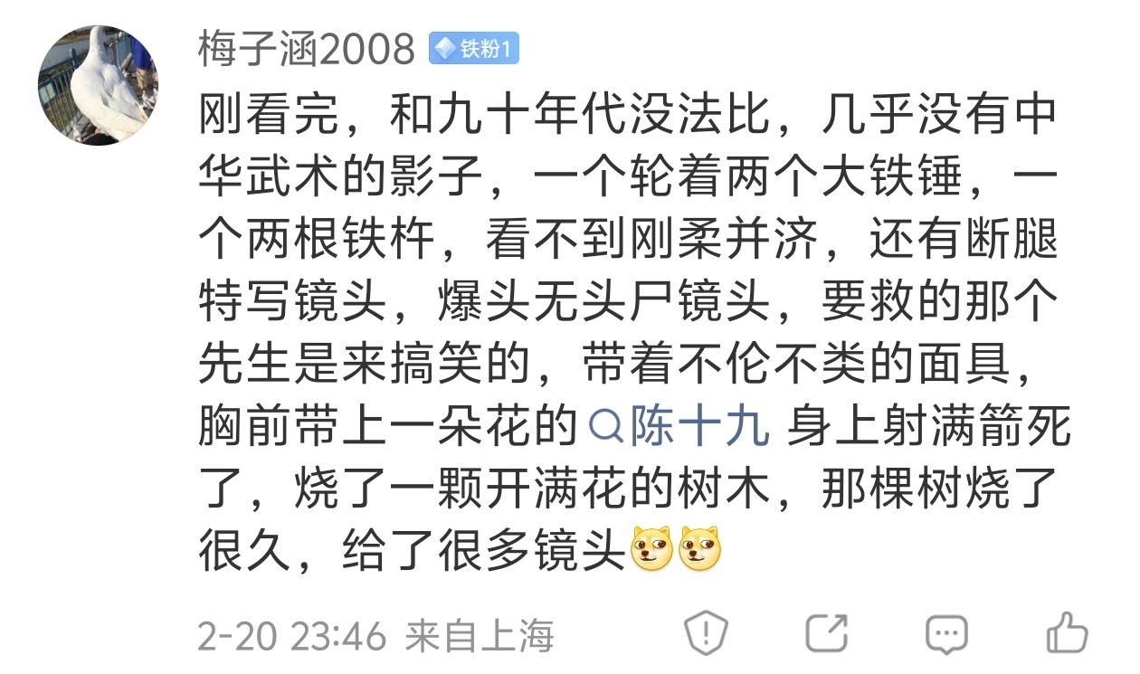 “刚看完，和九十年代没法比。几乎没有中华武术的影子，一个轮着两个大铁锤，一个两根