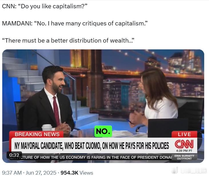 CNN：“你喜欢资本主义吗？”曼达尼：“不喜欢。我对资本主义有很多批评。”“财富