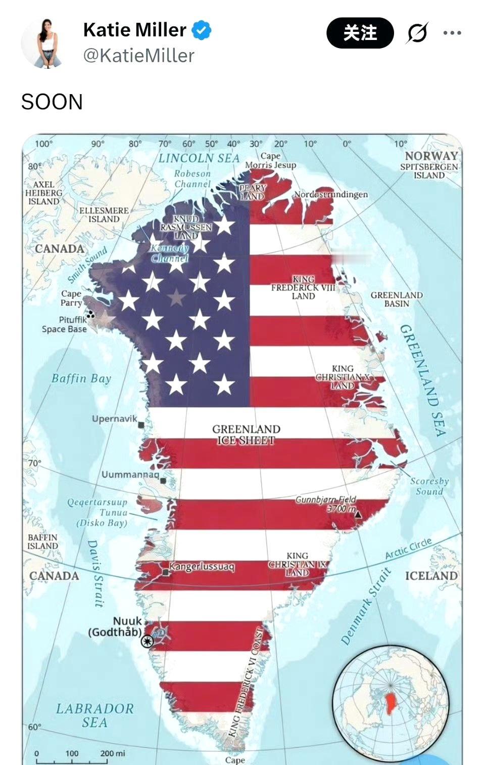 白宫副幕僚长的妻子发布了一张用美国国旗颜色绘制的格陵兰岛地图，并配文“很快”。