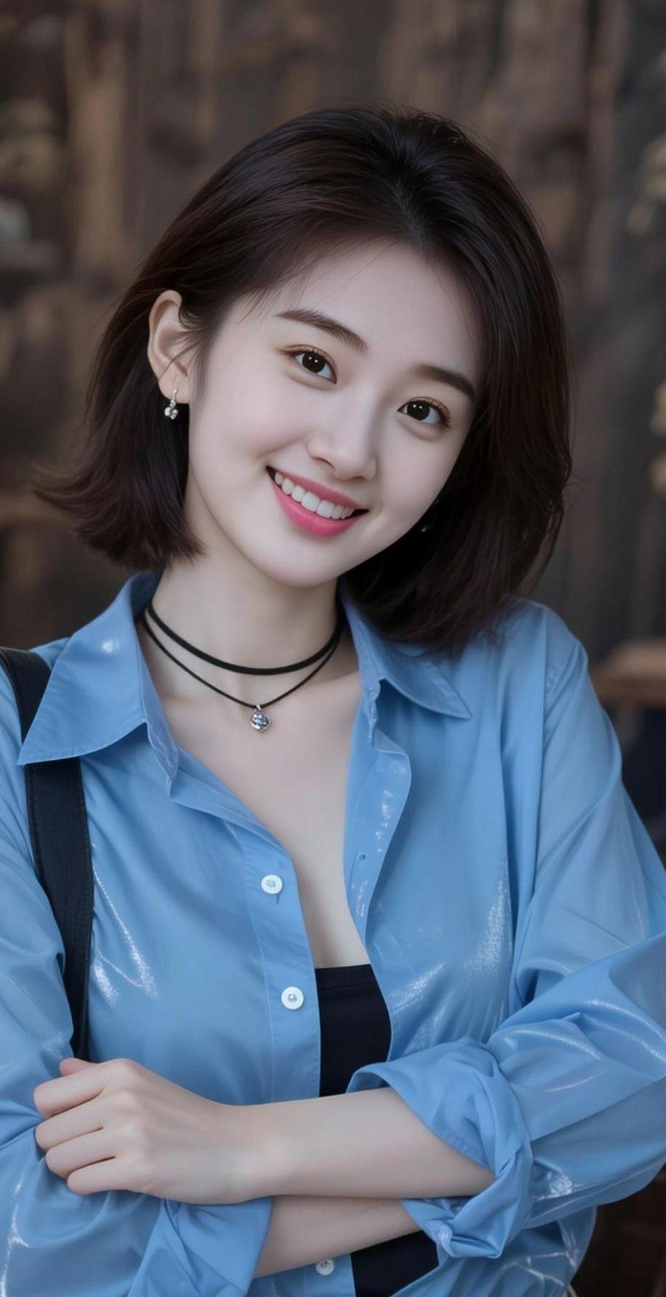 AI蓝衫短发情 街拍美女