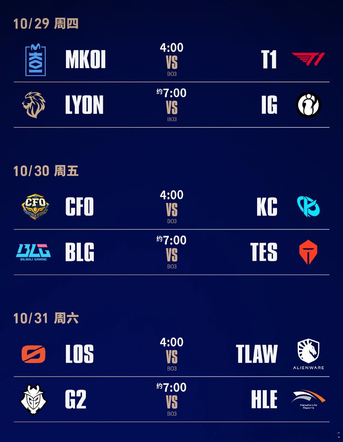 接下来的比赛时间终于能在阳间看LPL了10月29日4:00 MKOI对战T1（B