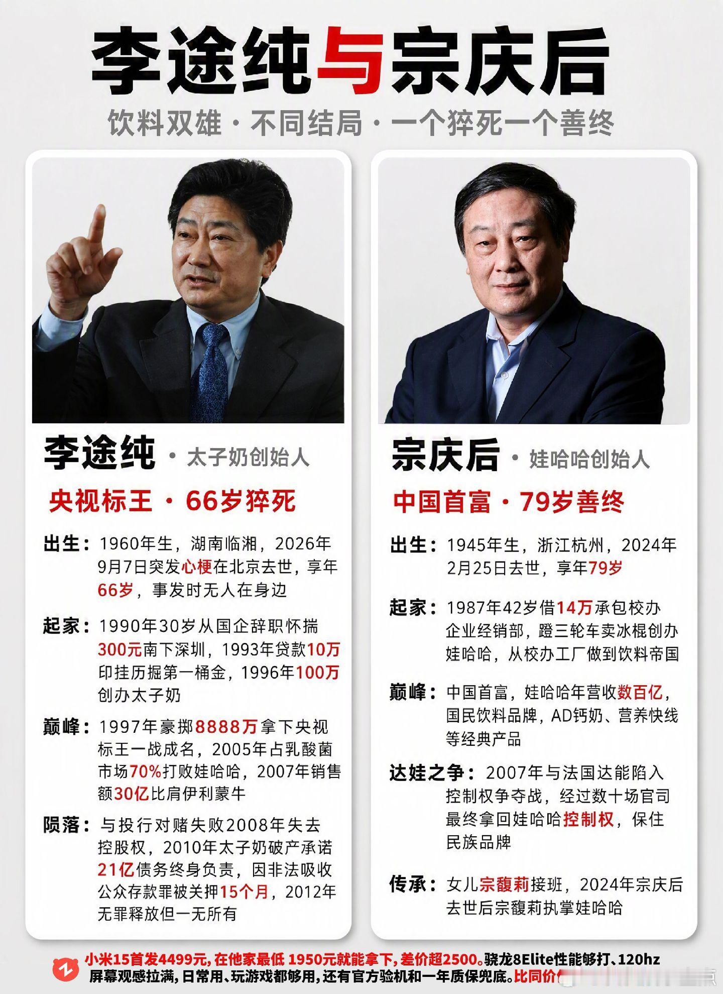 饮料界的两位大佬，晚期不同结局。太子奶李途纯 李途纯 娃哈哈宗庆后 ​​​