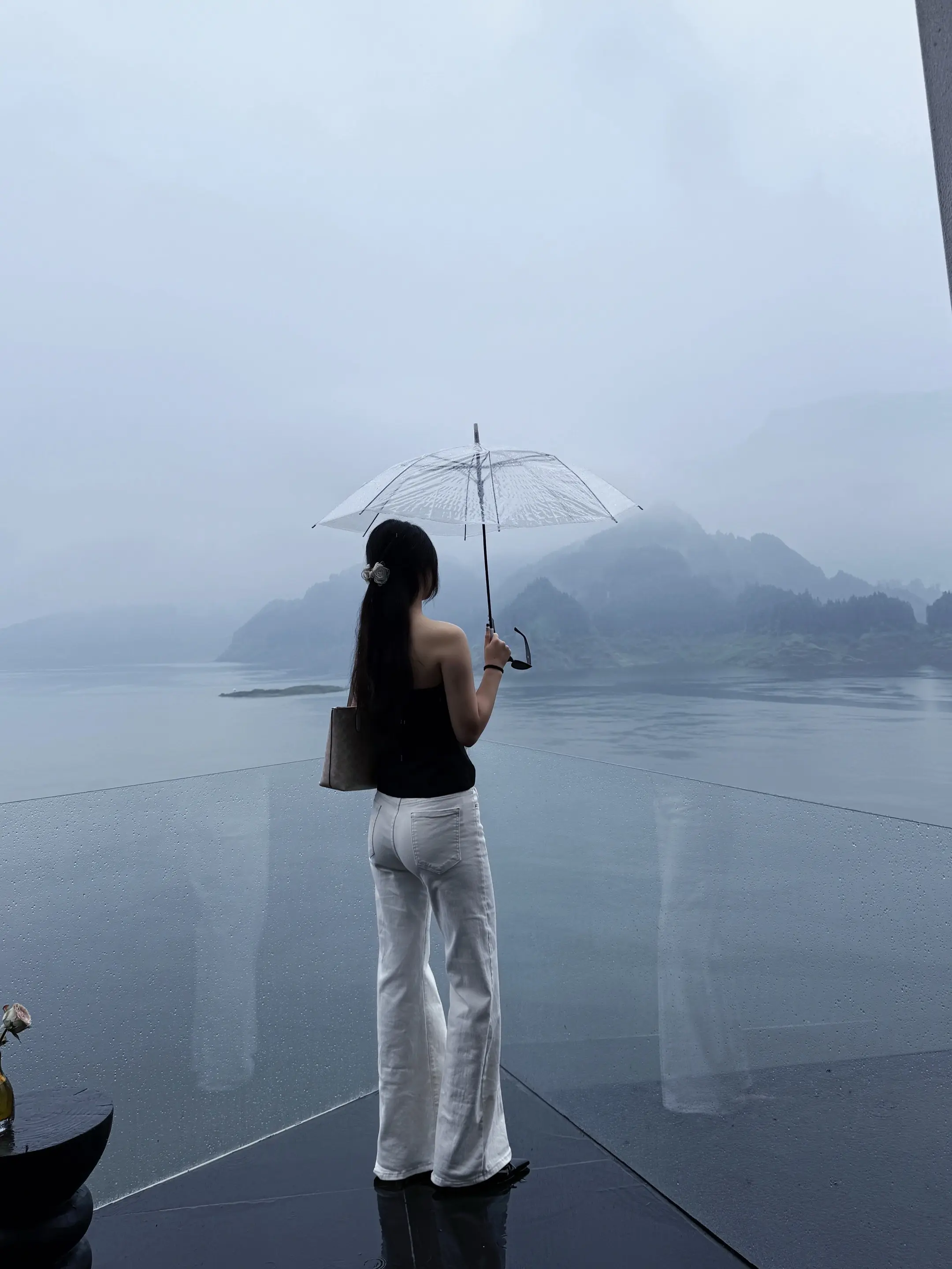 空山逢细雨，薄雾绕汀洲。