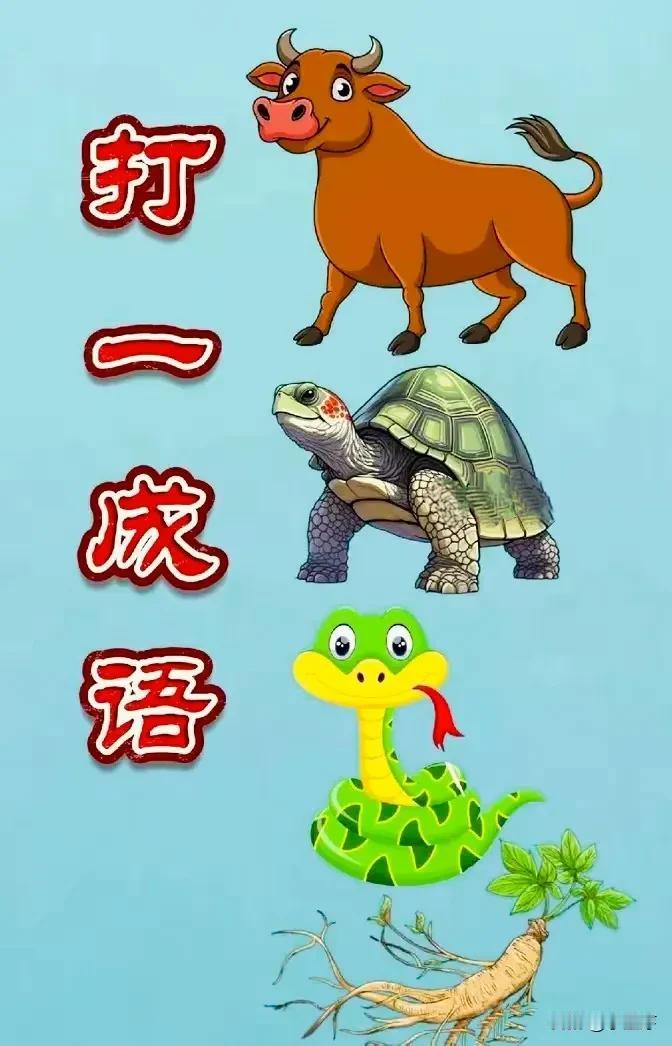 看图猜成语
图中🈶一头牛，一只乌龟
一条小青蛇，一颗千年人参
谁能在10秒内就