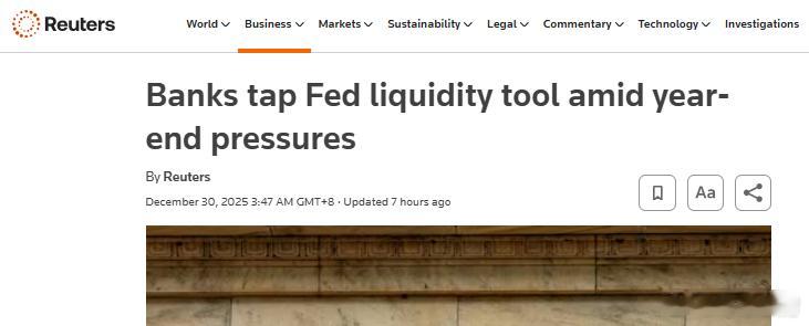 银行美联储 【年底流动性承压，美联储隔夜工具使用量激增 】据路透社消息，随着年底