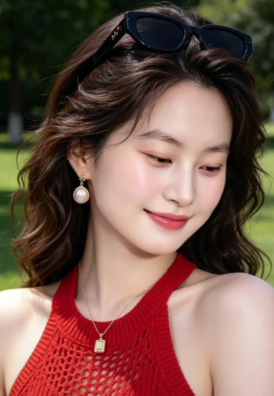 阳光明媚，女孩微笑看向远方。