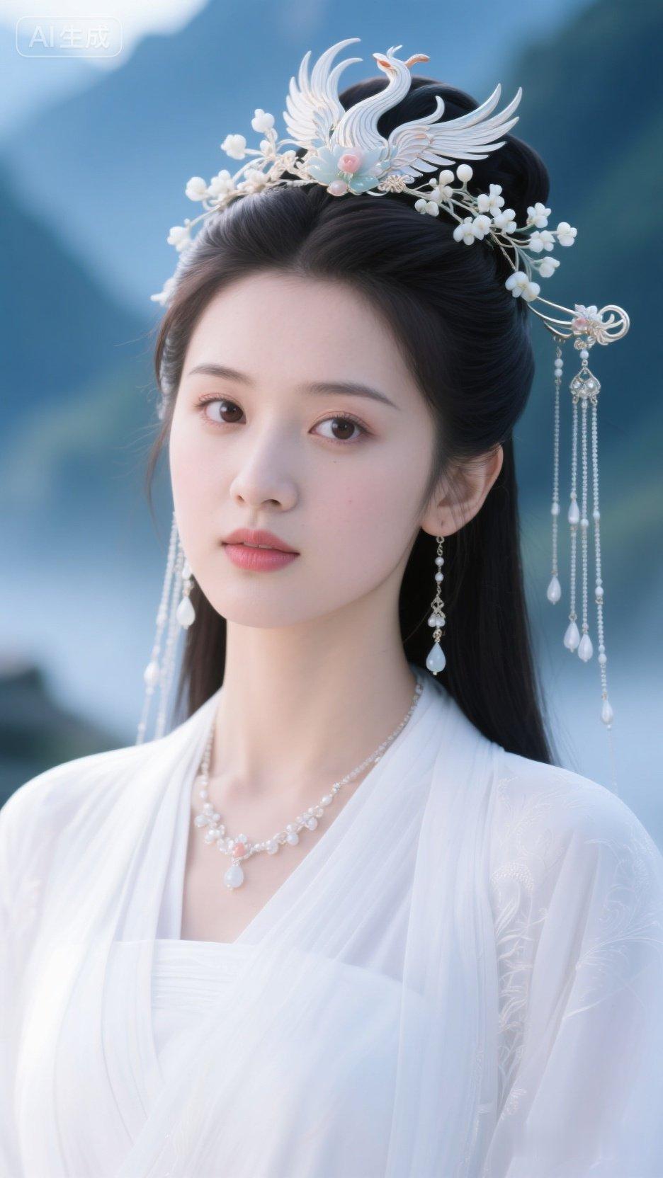 仙气飘飘的古风美人，头戴精美发饰，宛如画中仙子。