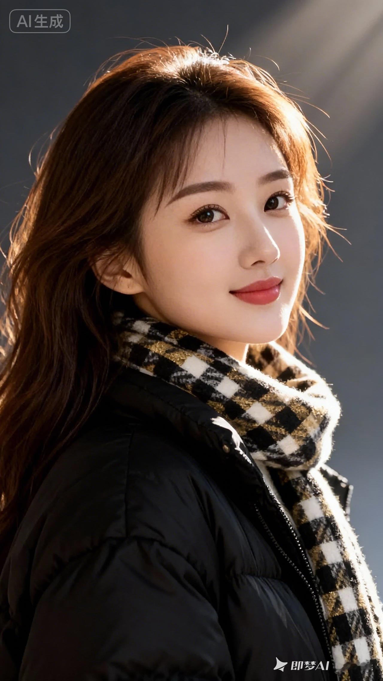 冬日暖阳下的甜美少女，黑白色调外套与红唇的完美搭配，温暖又时尚。