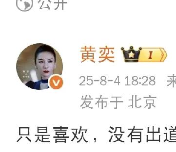 黄奕，又被吐槽！

8月4日下午，黄奕用一句话回应了女儿出道的传闻：“只是喜欢，
