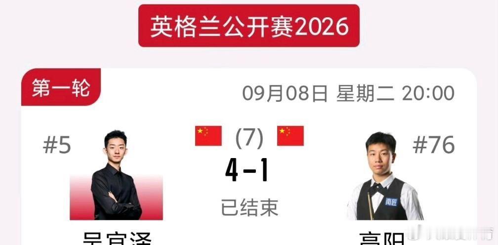 吴宜泽晋级32强在2026年斯诺克英格兰公开赛里, 进入64进32轮次时, 出现