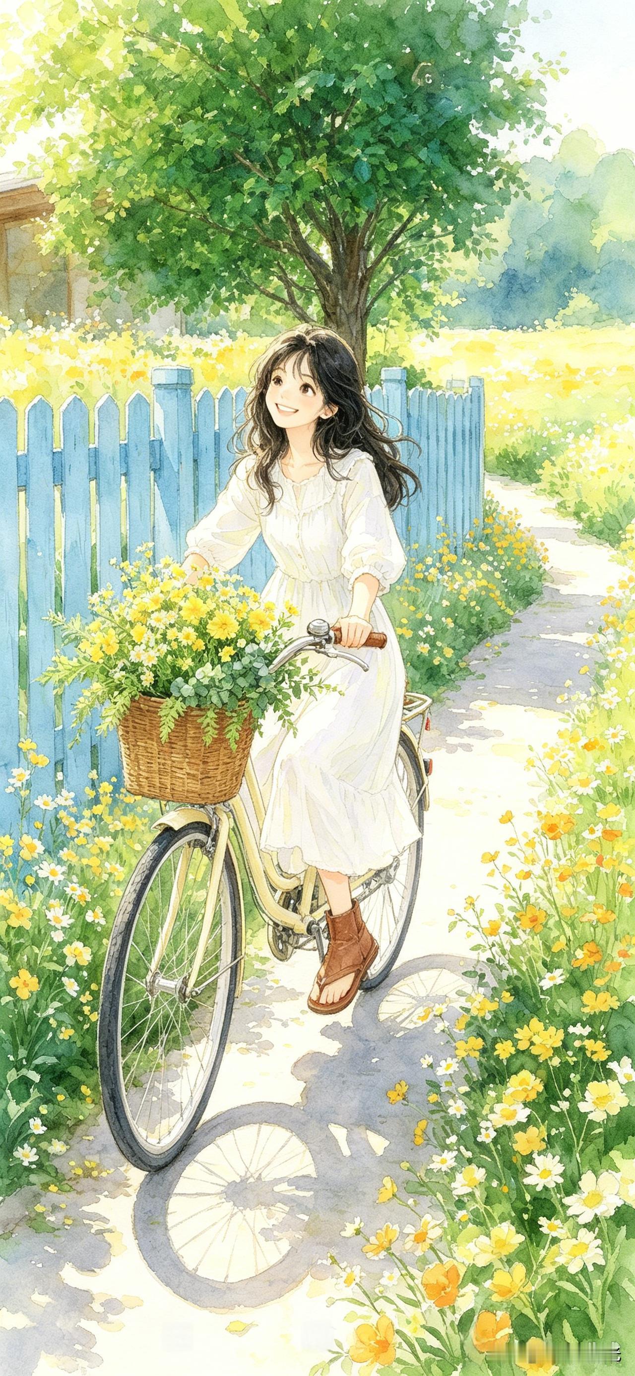 一卷清新水彩，藏住温柔的春夏时光。白裙少女骑着单车漫游乡间，车筐盛满烂漫野花。河