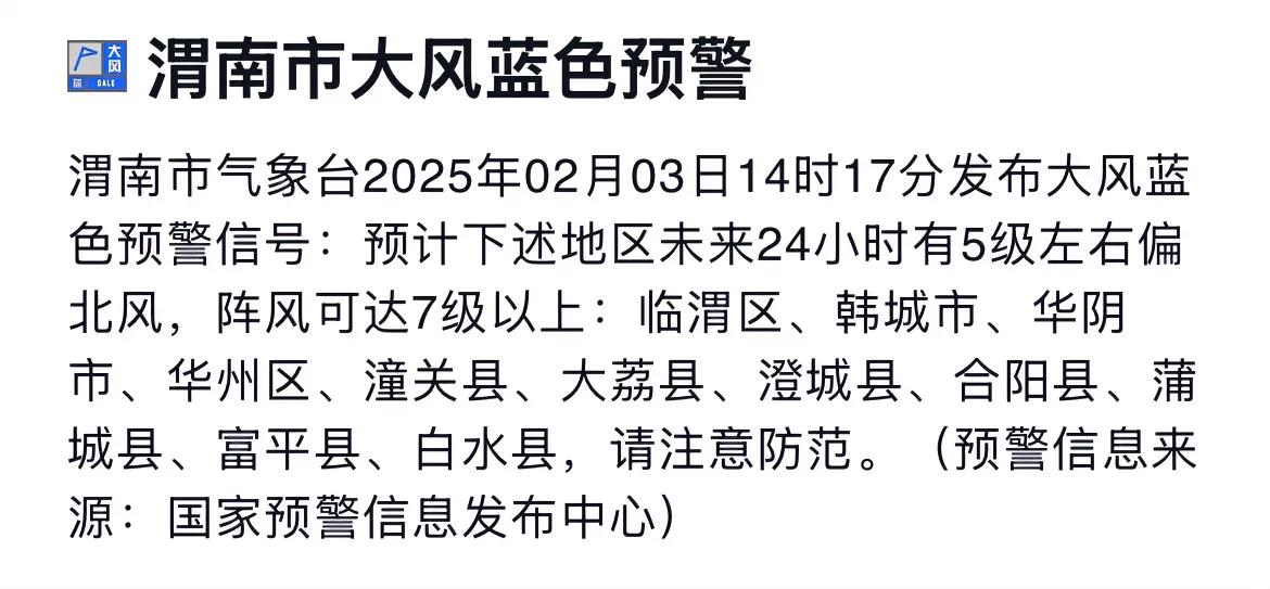 渭南市气象台2025年02月03日14时17分发布大风蓝色预警信号，请注意防范。