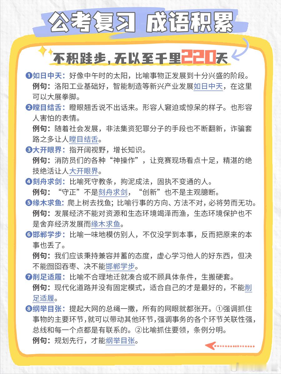 公考每日成语实词积累（第220天）如日中天 瞠目结舌 大开眼界 刻舟求剑缘木求鱼