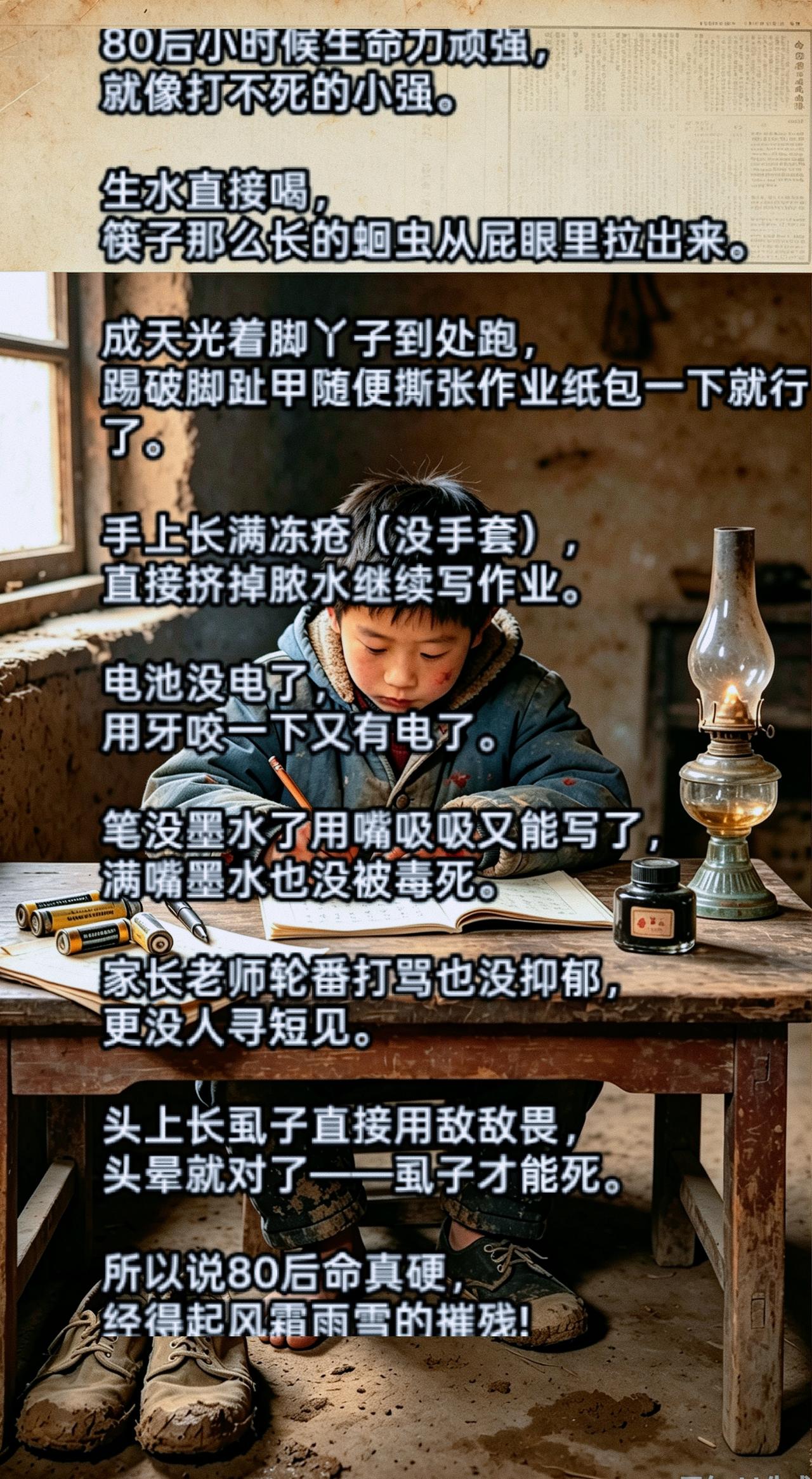 80后小时候生命力顽强，
就像打不死的小强。

生水直接喝，
筷子那么长的蛔虫从