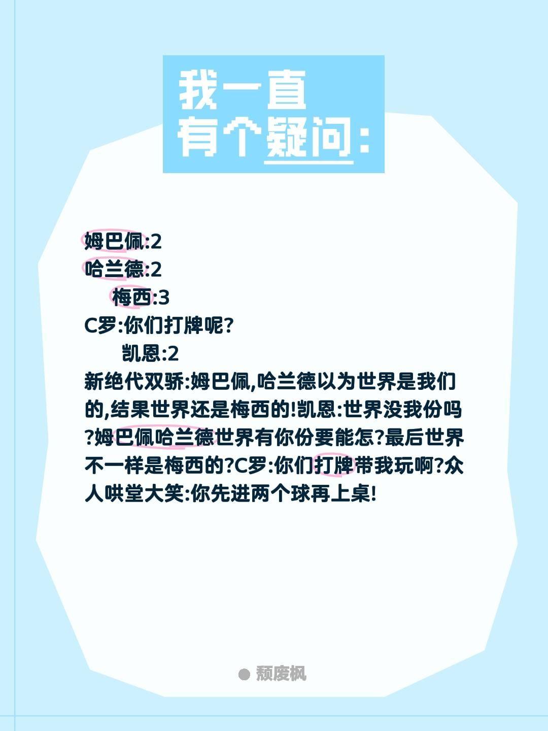 姆巴佩:2
哈兰德:2
   梅西:3
C罗:你们打牌呢?
    凯恩:2
新