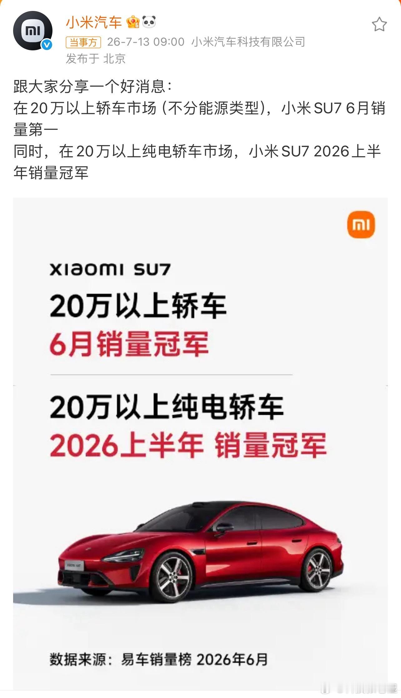 小米SU7成20万以上轿车6月销量第一小米SU7注定成为经典，已经上市两年多了，