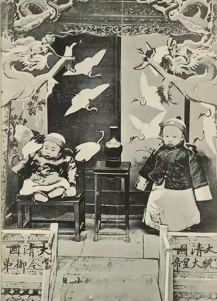 1909年，宣统元年。幼年溥仪与胞弟溥杰，龙鹤祥云的宫廷布景前，赫然写着“大清国