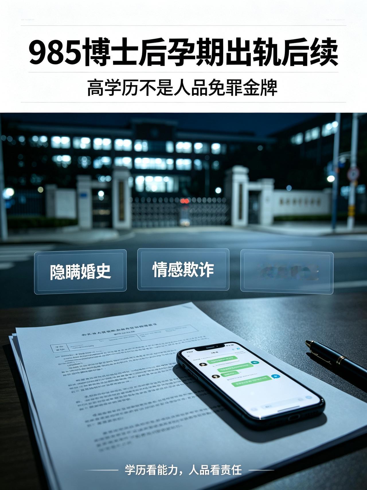 985博士后孕期出轨事件后续：背负处分拒不认错，仍入职高校，校方启动调查
 
高