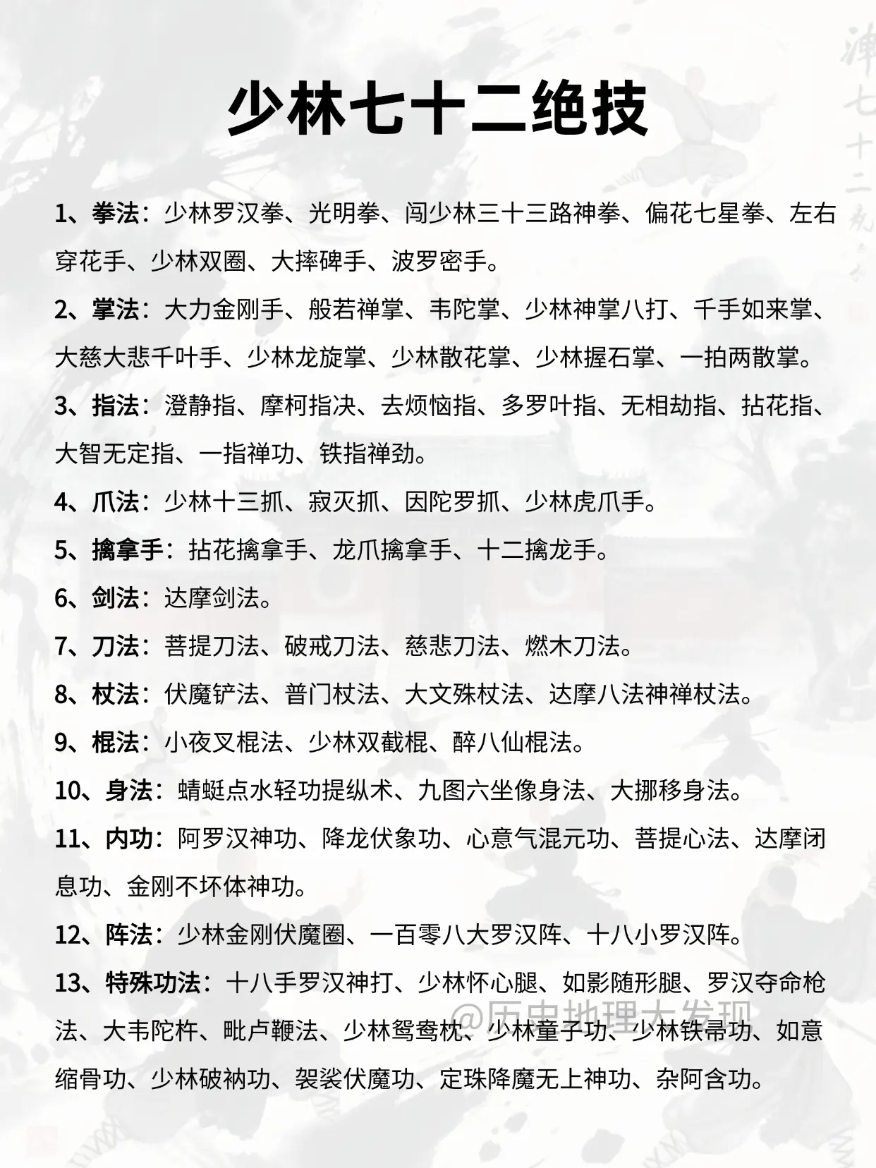 少林七十二绝技。