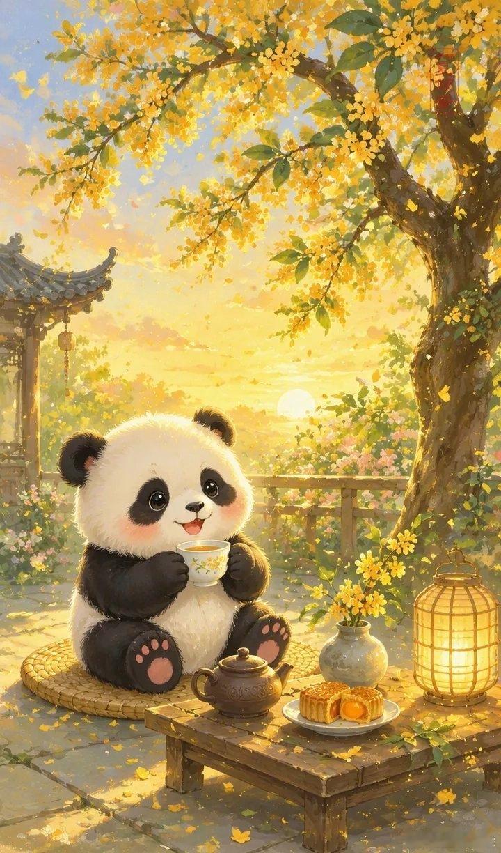 秋日桂花树下品茶惬意小熊猫壁纸 ～ 太可爱！ 