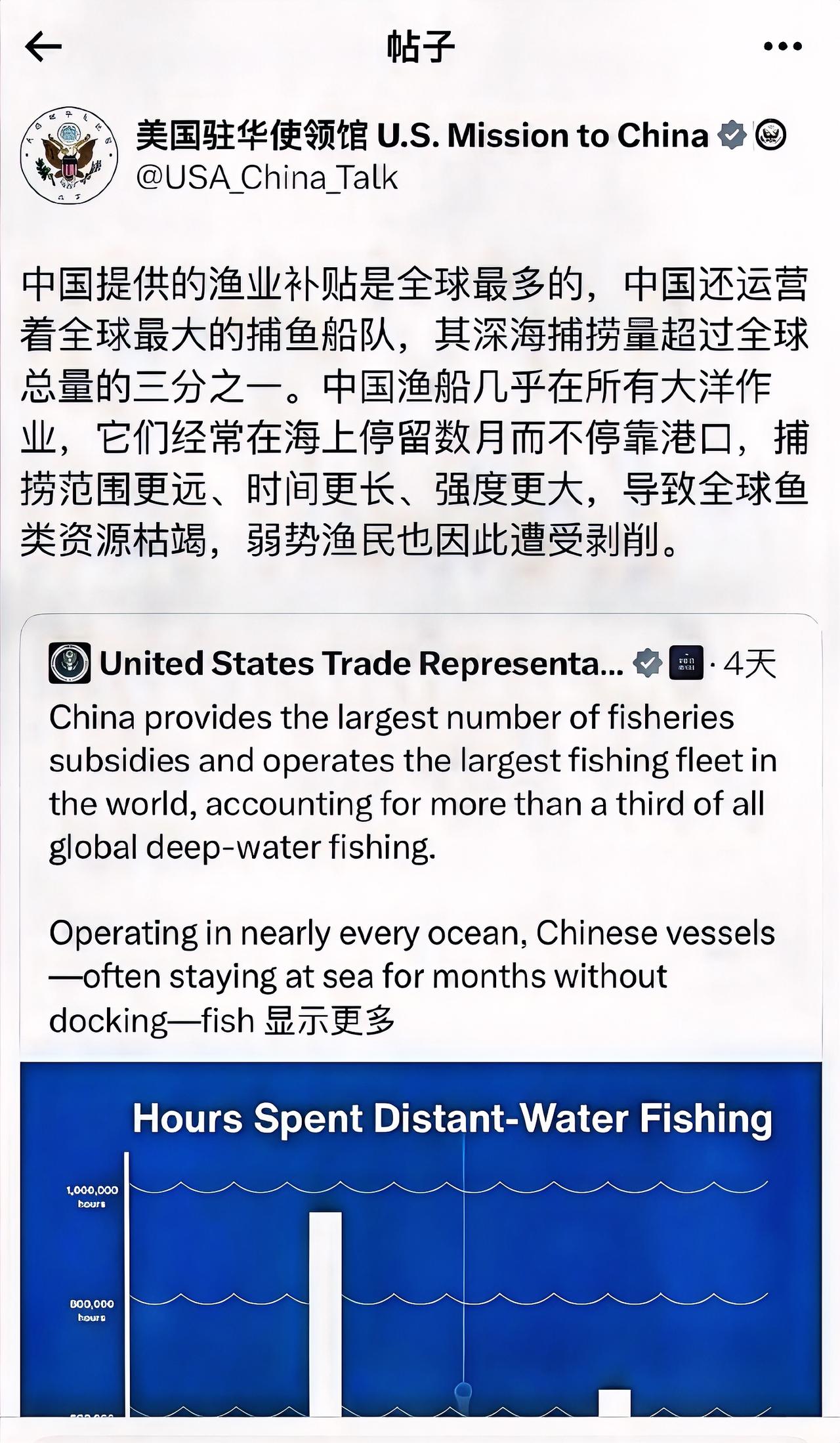 实在没得喷了！近日，美国驻华使领馆将矛头对准了中国的“捕渔业”、其控诉道：“中国