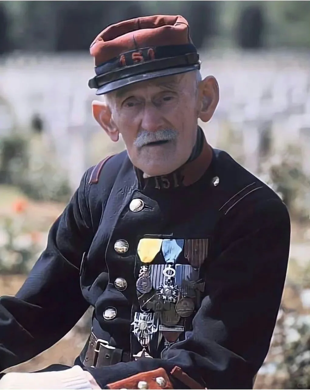 1976年，法国凡尔登，一战法军第151步兵团老兵穿着旧制服，佩戴着勋章，来到战...