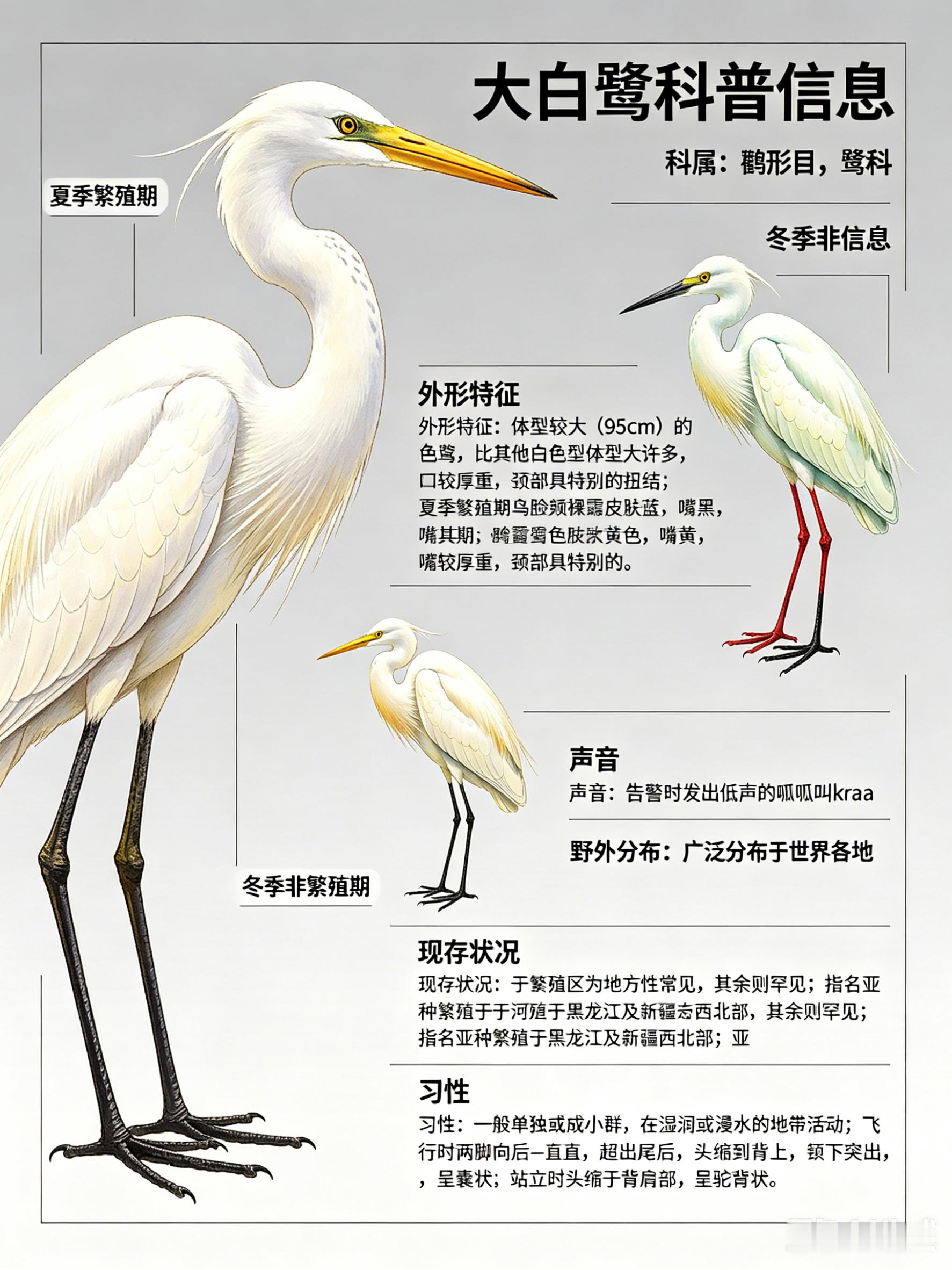 鸟类朋友图鉴 大白鹭科属：鹳形目，鹭科。·外形特征：体型较大（95cm）的白色鹭