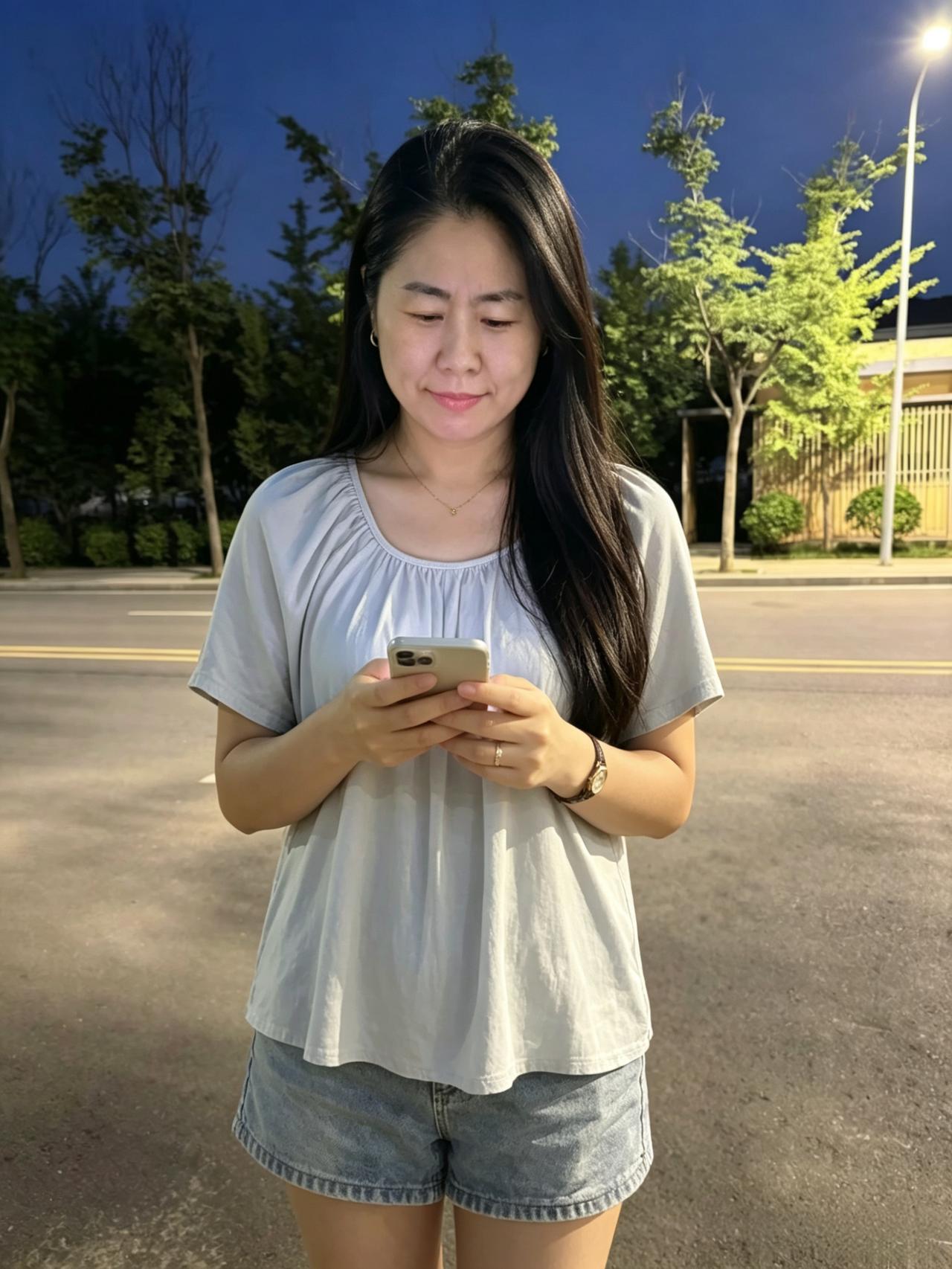 静立长街夜色柔，垂首温婉胜清秋。