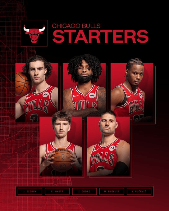 公牛首发：吉迪、怀特、奥科罗、布泽利斯、武切维奇