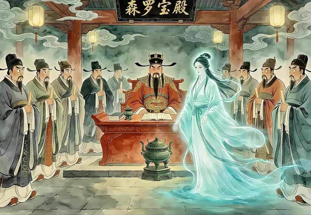 窦娥冤死入地府，五方鬼帝同时起身，齐声道：恭迎娘娘历劫归位。殿前众判官皆跪：窦娥