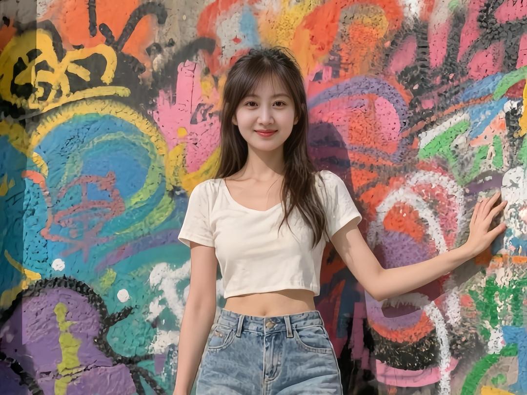 《鹧鸪天·晴墙绘里的风》
 
墙泼春云数缕霞，粉心裁入乱涂鸦。白衫轻裹腰如柳，牛