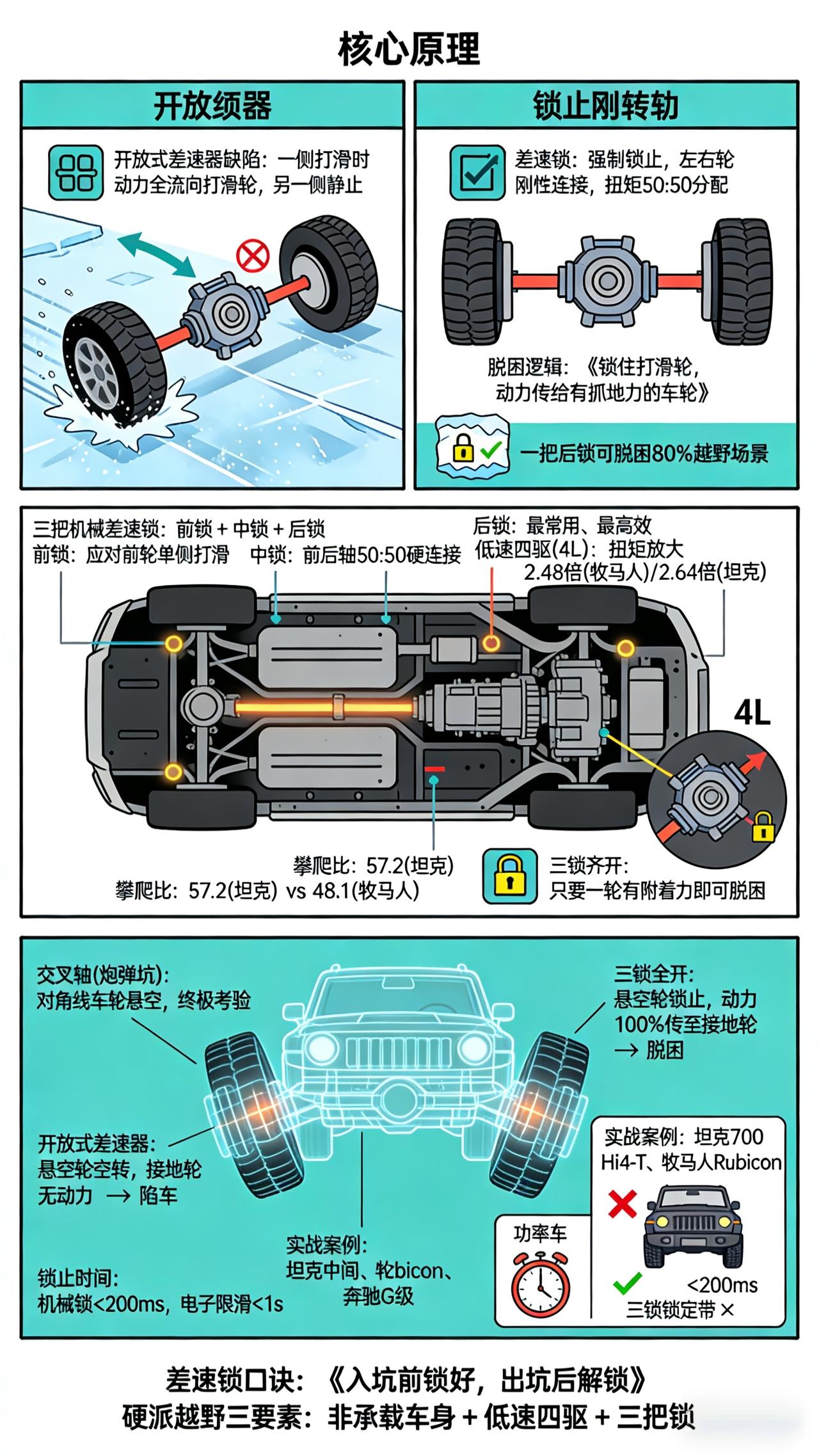 三把锁怎么用？

中央差速锁锁的是前后轴动力分配，锁上后前后轴刚性连接、各分50