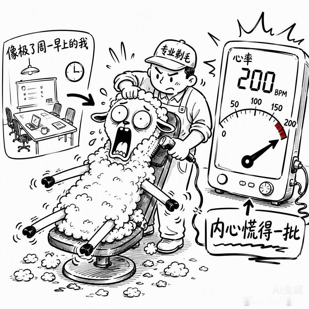 看到羊被按着剃毛时那副眼神绝望、浑身僵硬的模样，是不是瞬间想到了周一早上的自己？