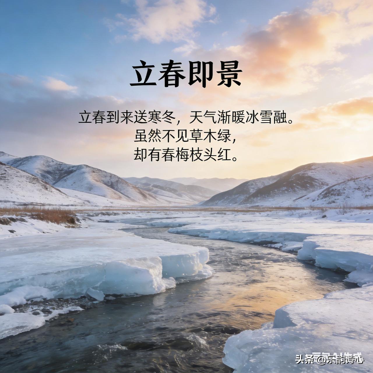 《立春即景》乐韵诗心原创诗词:
立春到来送寒冬，
天气渐暖冰雪融。
虽然不见草木