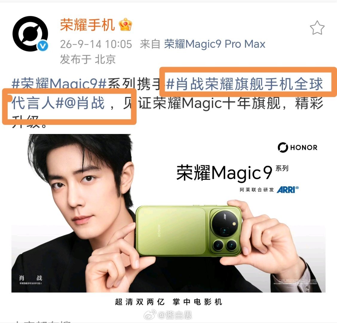 划重点了，荣耀旗舰手机，全球代言人。最高Title，独一无二。肖战荣耀旗舰手机全