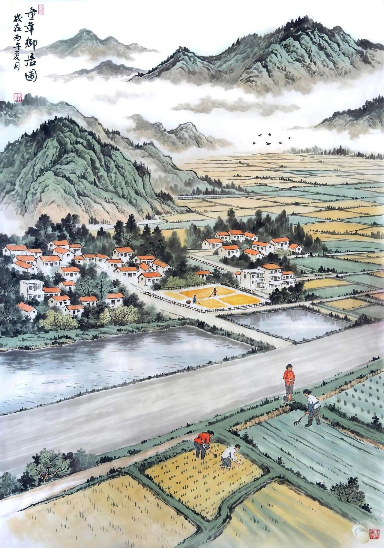 童年乡居图。订单完成创作者中心 创作灵感 田间山水画 国画乡村 田野山水画 尺寸