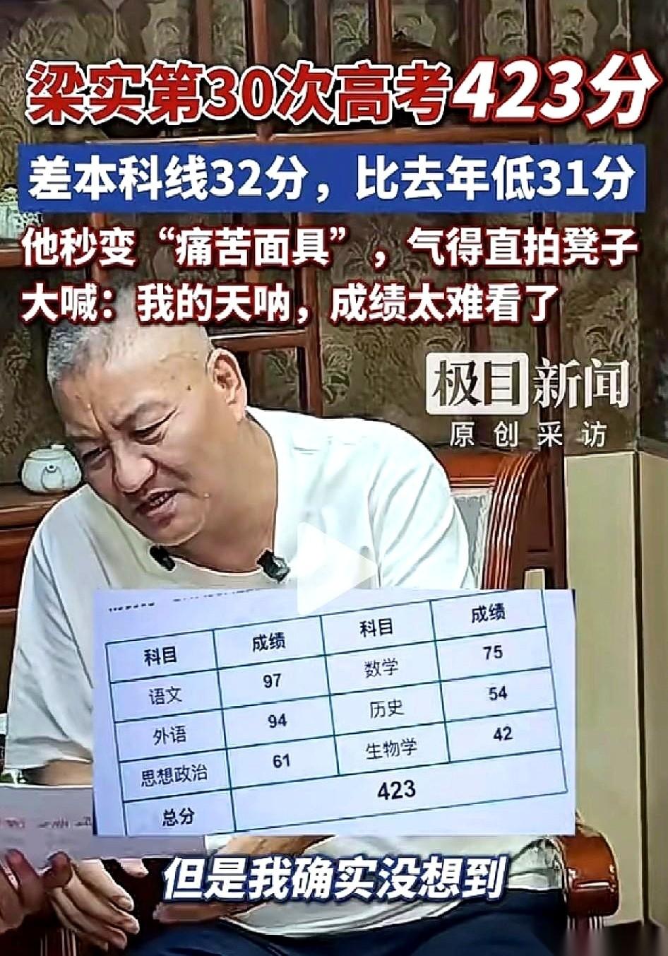 423分。
距离四川历史类本科线，差了整整32分。
59岁的梁实，看着屏幕上的数