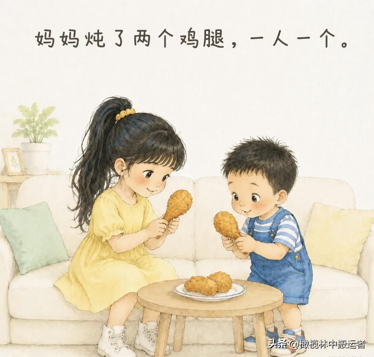趣味漫画：妈炖了两个鸡腿，一人一个。弟弟三口吃完，眼巴巴看着姐姐盘里那个。姐姐：