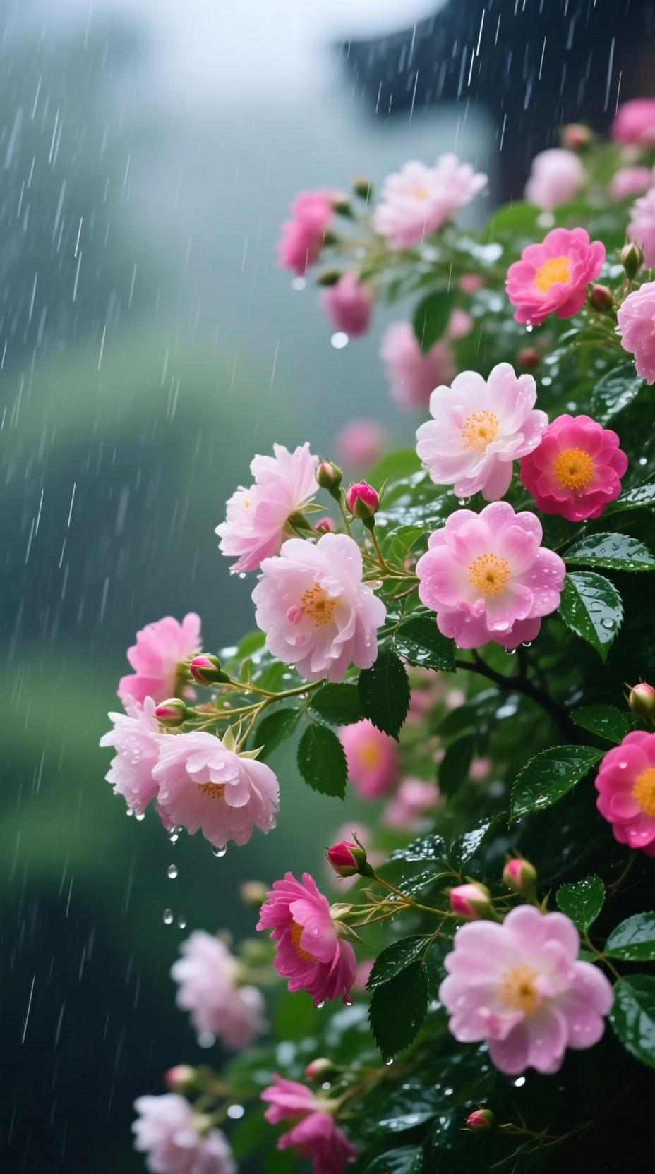 上联：朵朵繁花迎细雨