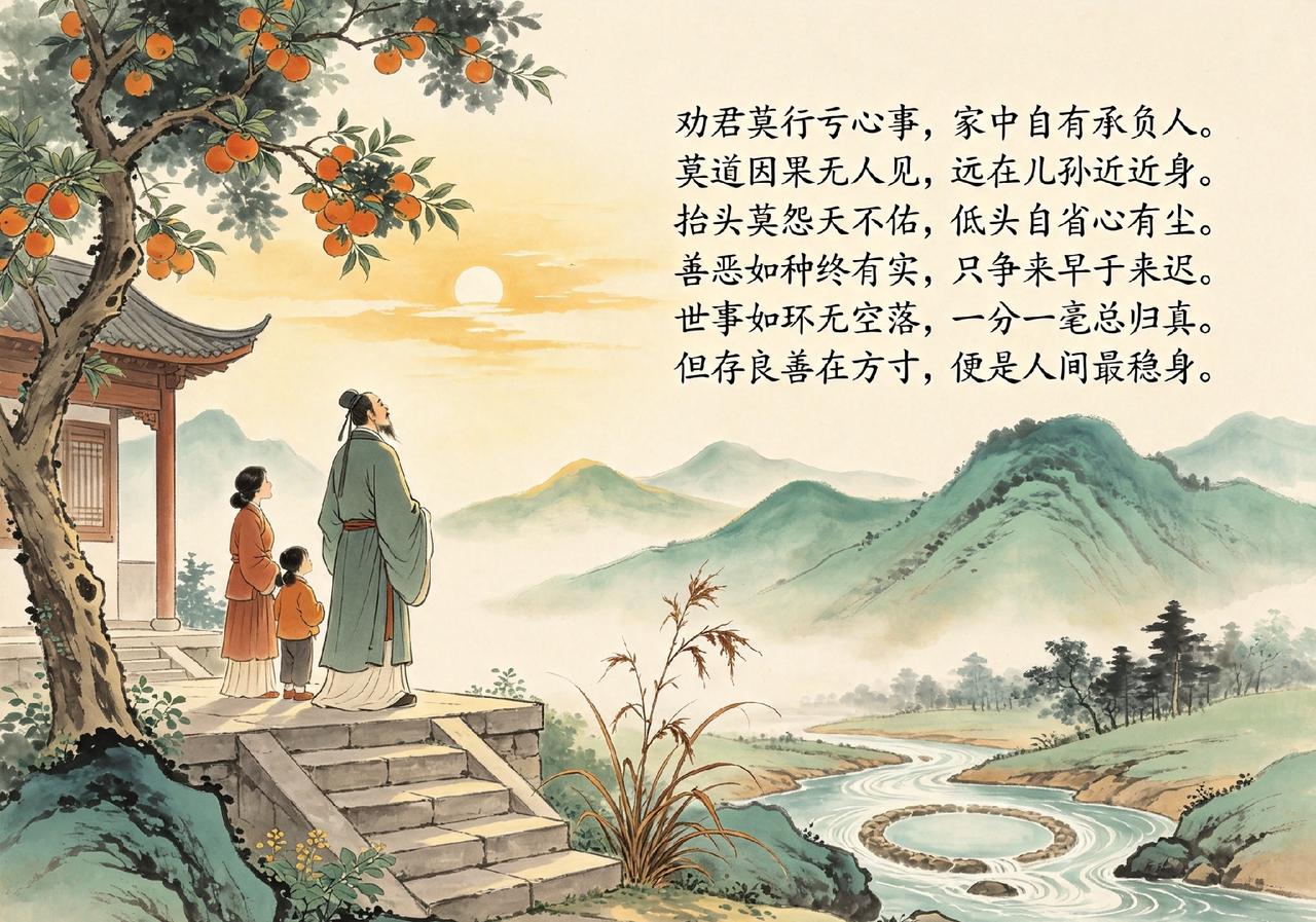 劝君莫行亏心事，家中自有承负人。
莫道因果无人见，远在儿孙近在身。
抬头莫怨天不