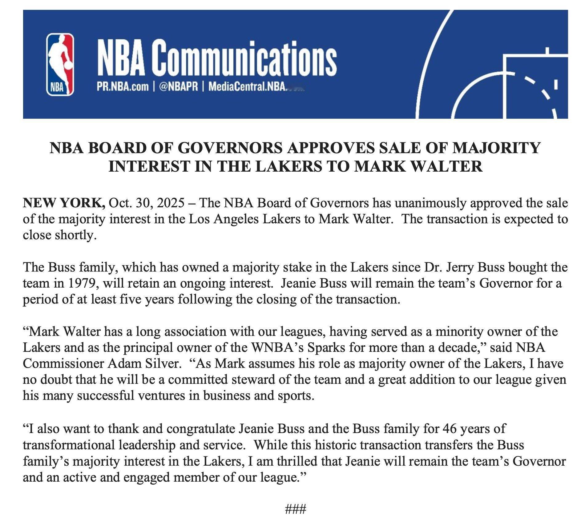 见证历史了！NBA官宣正式批准沃尔特以100亿美元收购湖人！这也创造了全球职业体