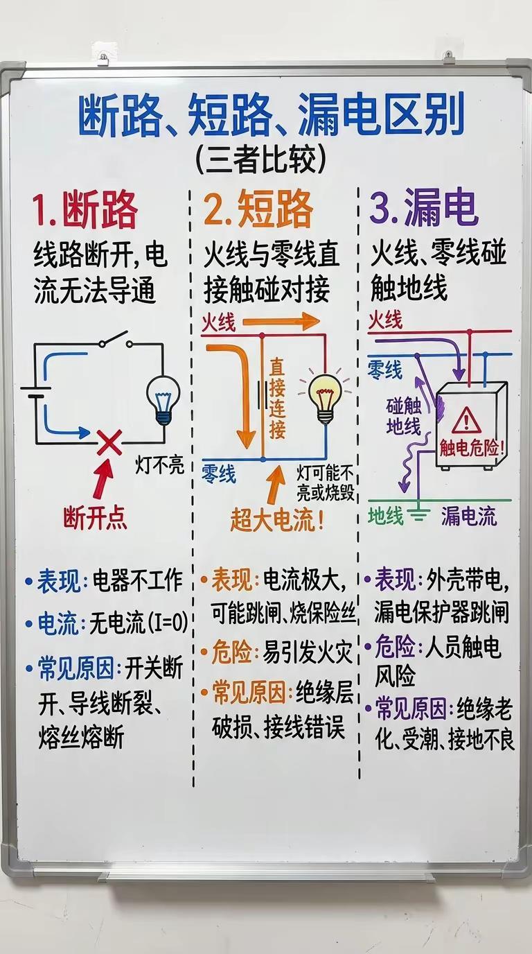 电工必懂：断路、短路、漏电三者区别。