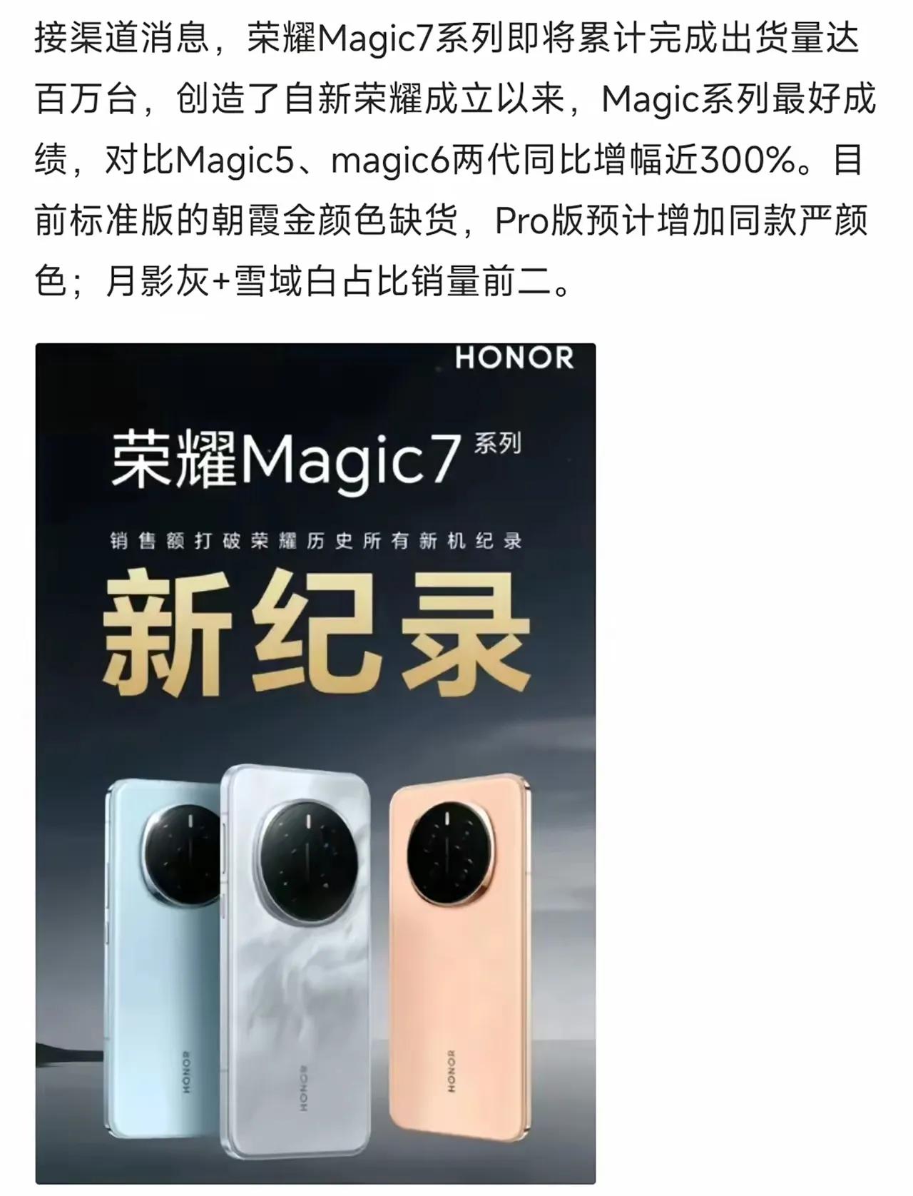 据小道消息，荣耀Magic7系列销量即将破百万，与前代产品Magic6相比增幅达