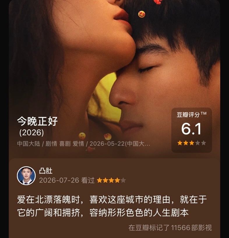 看过电影《今晚正好》，我的评分：★★★★☆ 爱在北漂落魄时，喜欢这座城市的理由，