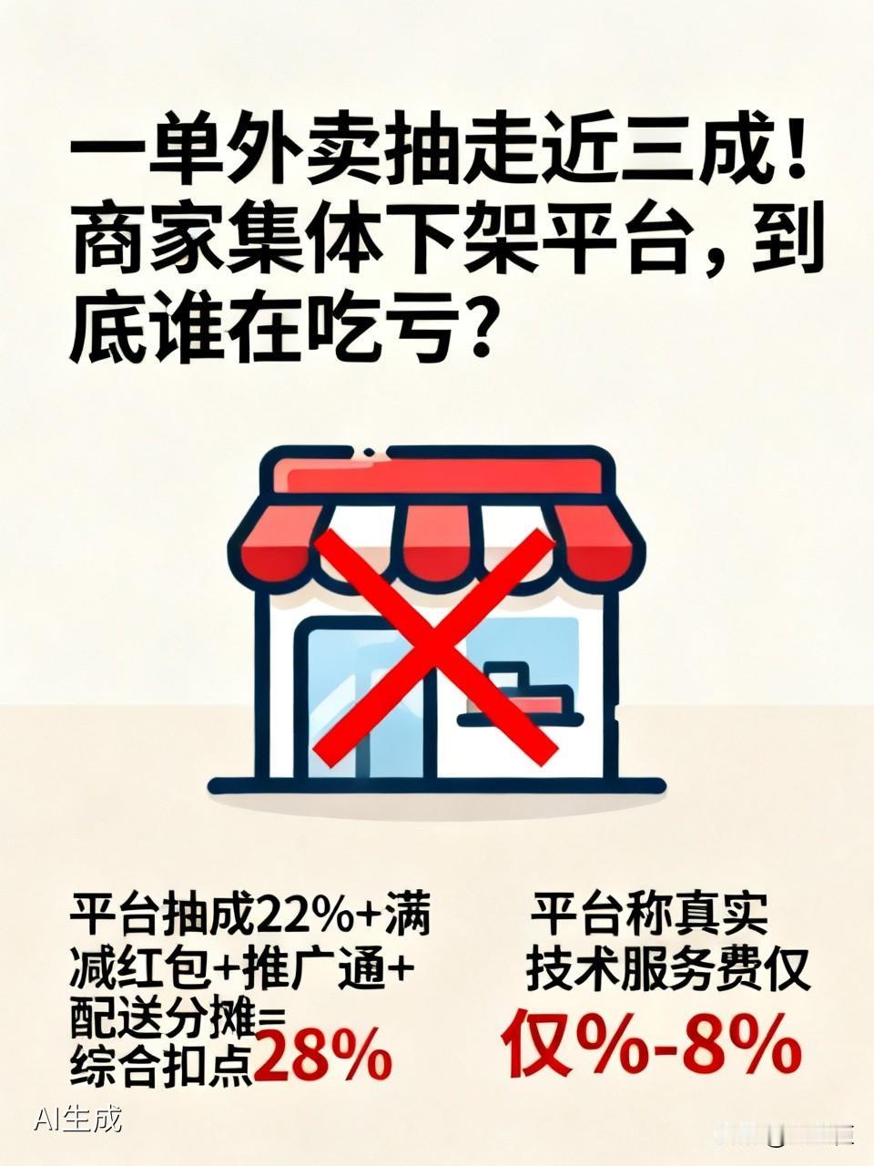 一单外卖抽走近三成！商家集体下架平台，到底谁在吃亏？
 
多地餐饮老板集体下架外