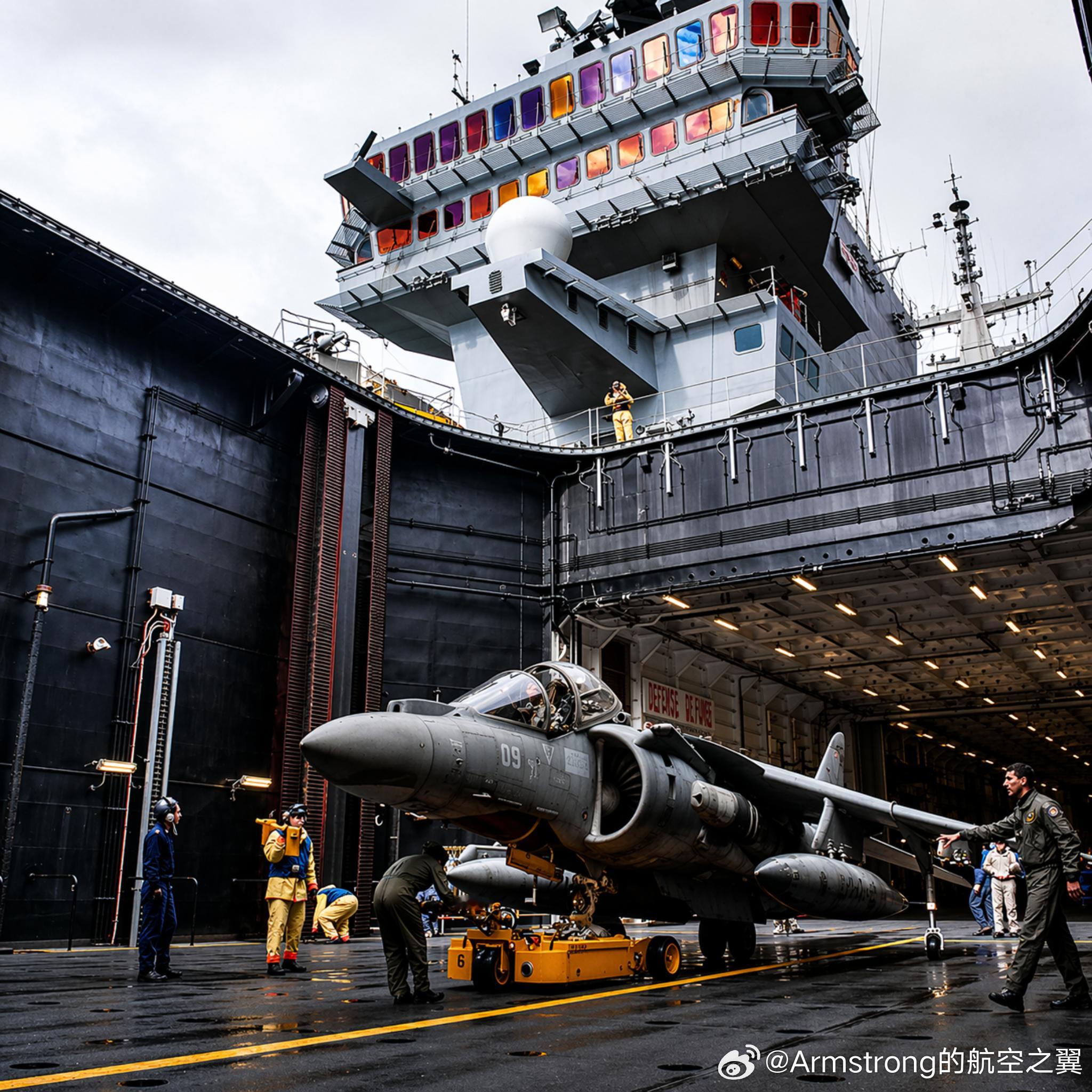 意大利海军“加富尔”号航母上的升降机和AV-8B战斗机。 