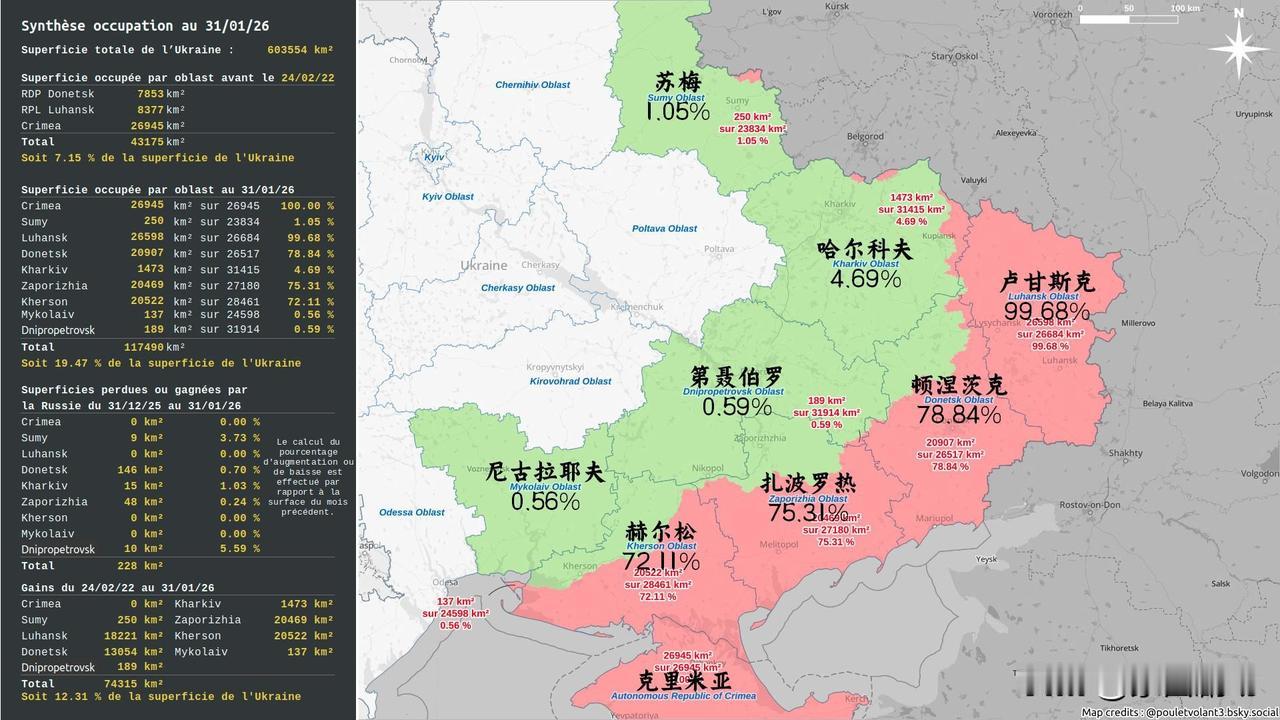 法方信源飞鸡统计的截至 2026 年 1 月 31 日，俄罗斯控制的乌克兰各州领
