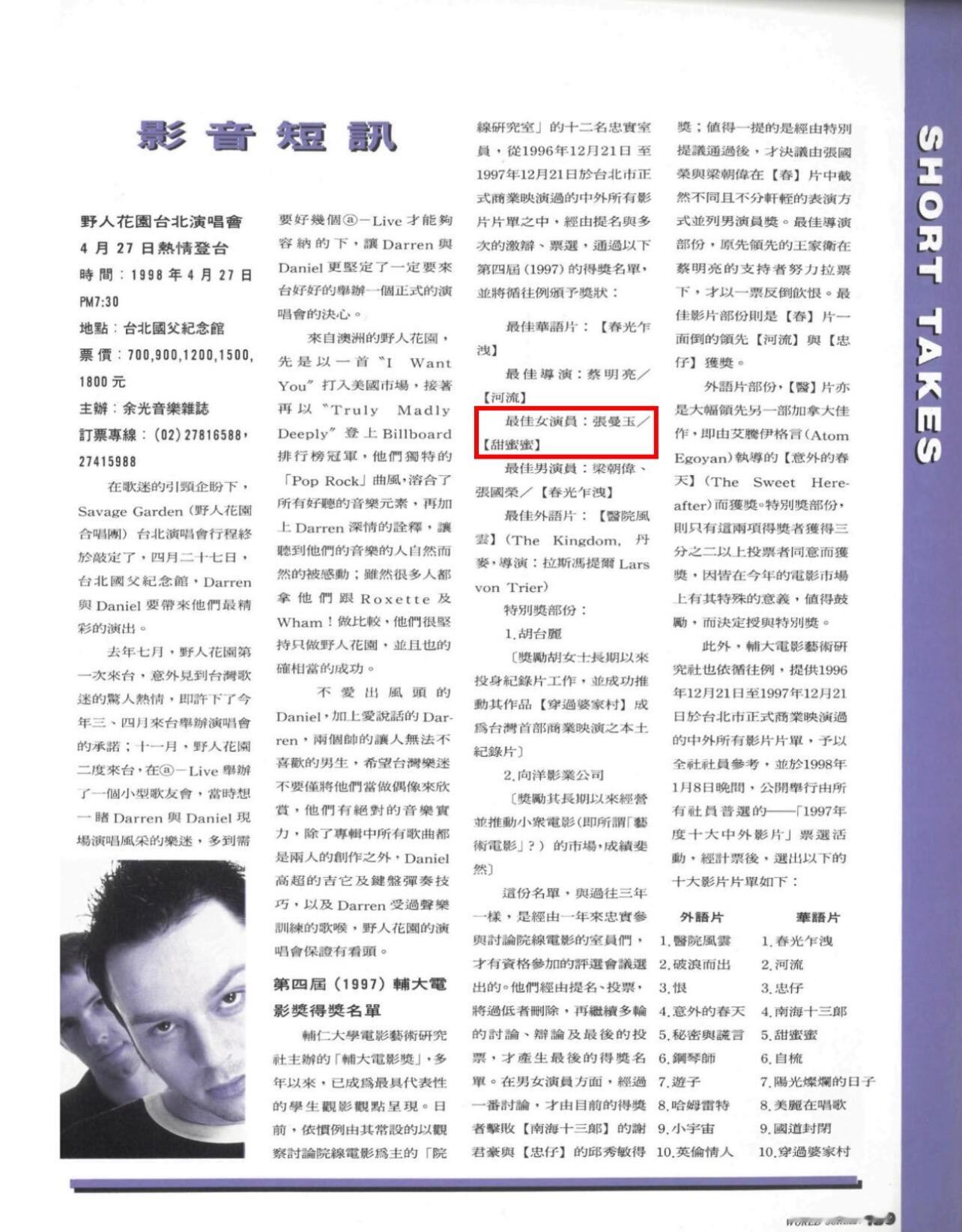 《甜蜜蜜》影后奖座拾遗——第04届台湾辅大电影奖最佳女主角 ​​​