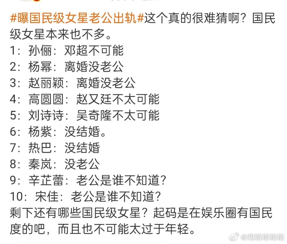曝国民级女星老公出轨 有些不是国民级的硬装还行，这个时候就不要凑数了 ​​​